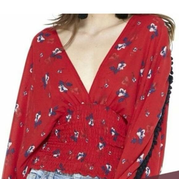Misa Floral Print Smocked Blouse Long Sleeve Red/Blue Size Medium NWT
